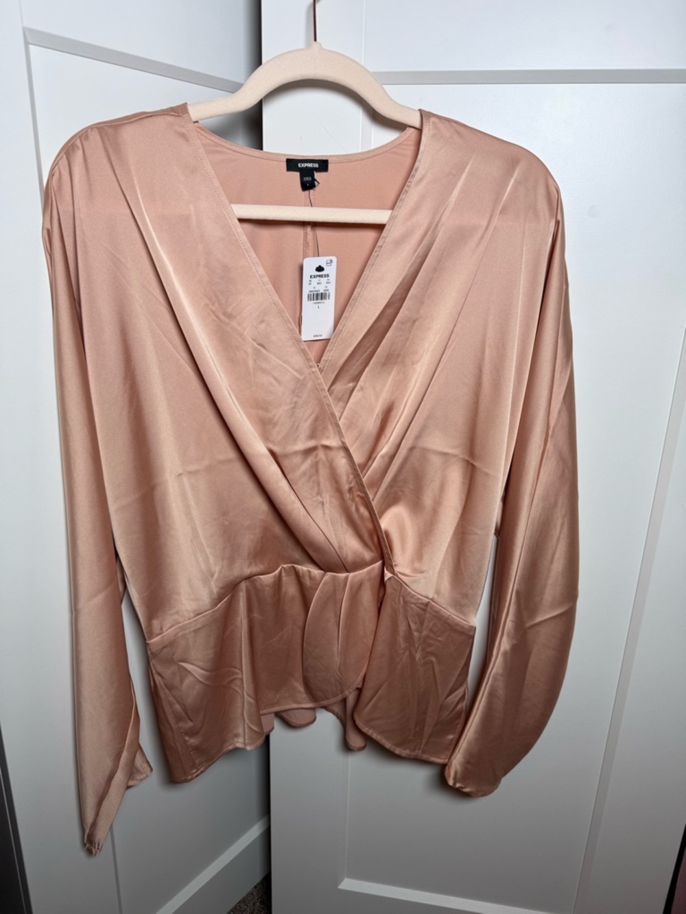 NWT Express Satin Wrap Peplum Blouse in Blush Nude